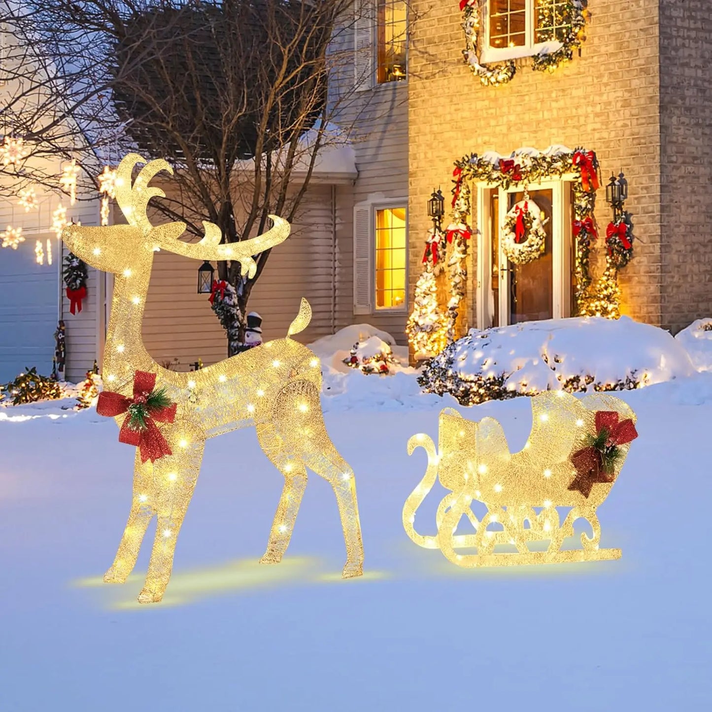 4.7 FT Lighted Christmas Reindeer & Sleigh, Xmas Lighted Outdoor Decoration with 100 Warm Lights