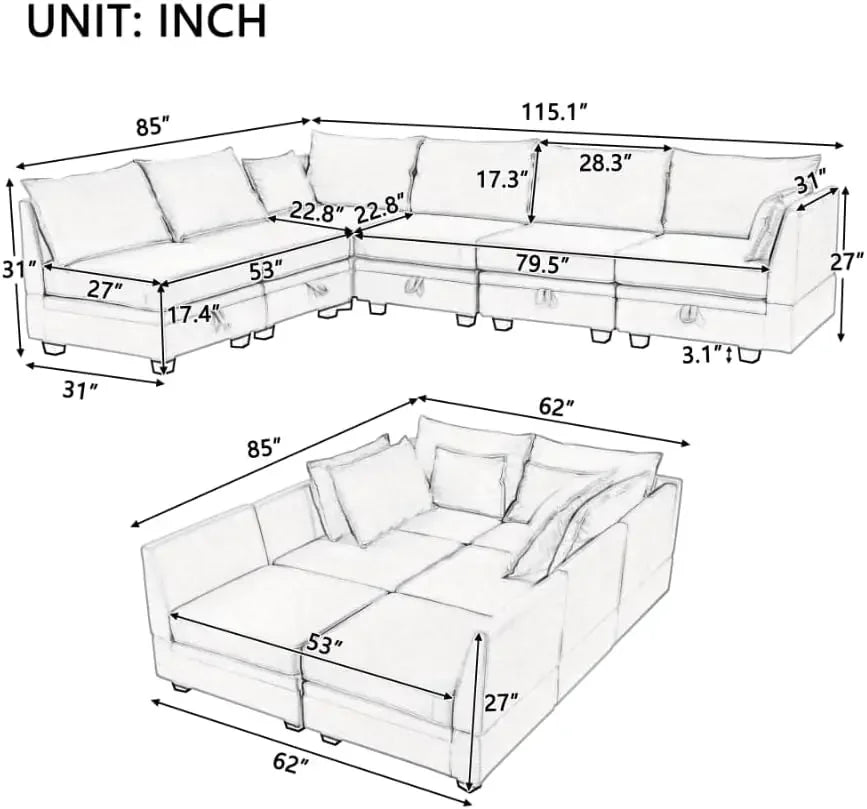 Modular Sectional, 6 Living Room L Convertible Sleeper Sofa Bed Reversible Chaise,Modern Large U-Shape Couch with Storage