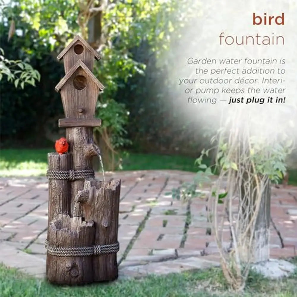 3-Tiered Log and Branch Waterfall Birdhouse Fountain Outdoor Garden Décor Serene Woodland Sound Rust-Resistant Polyresin 35"