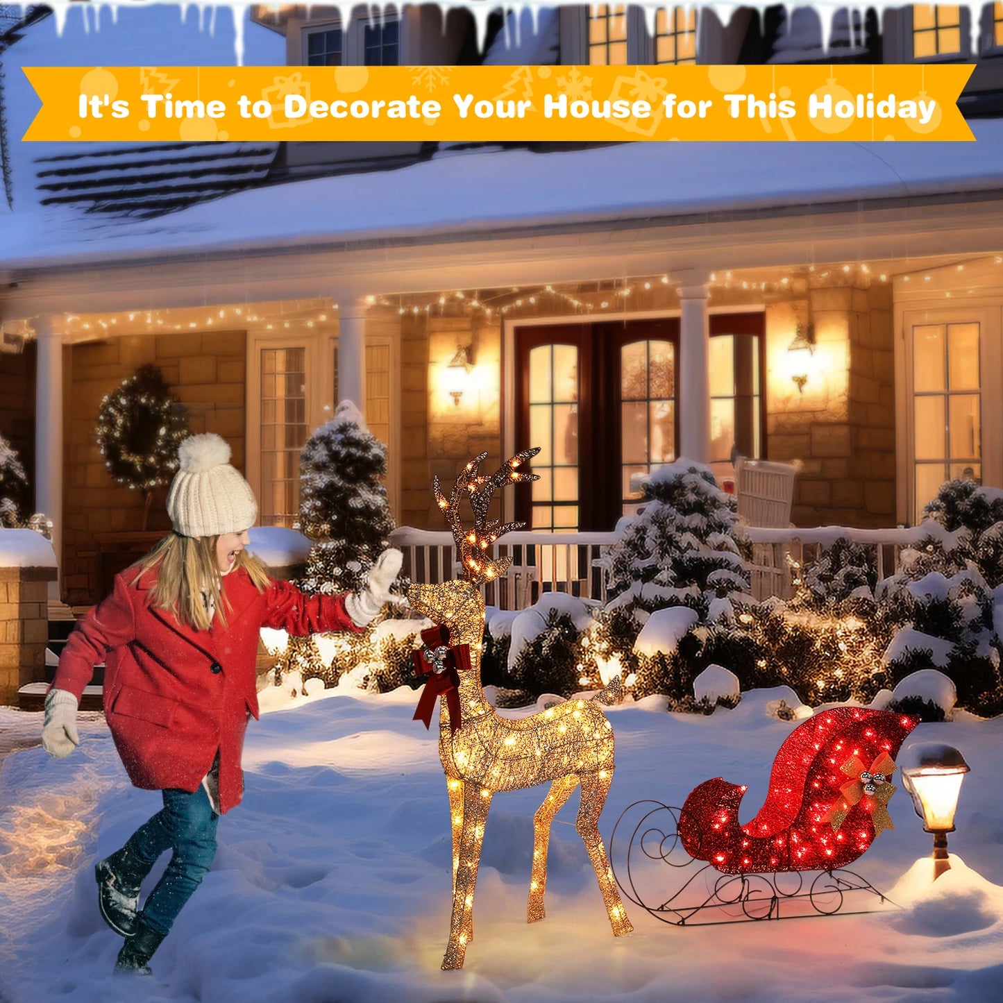 Indoor Outdoor Large Lighted Christmas Deer Family Set Front Yard Porch Holiday Decoration with 160/210 Warm White LED Lights