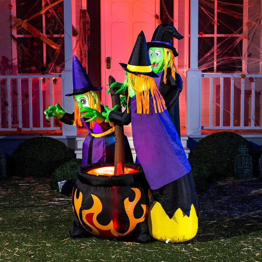 Three 6 FT Tall Halloween Inflatables Witch Around Cauldron with Flame Light - Eclectic Goods Galore