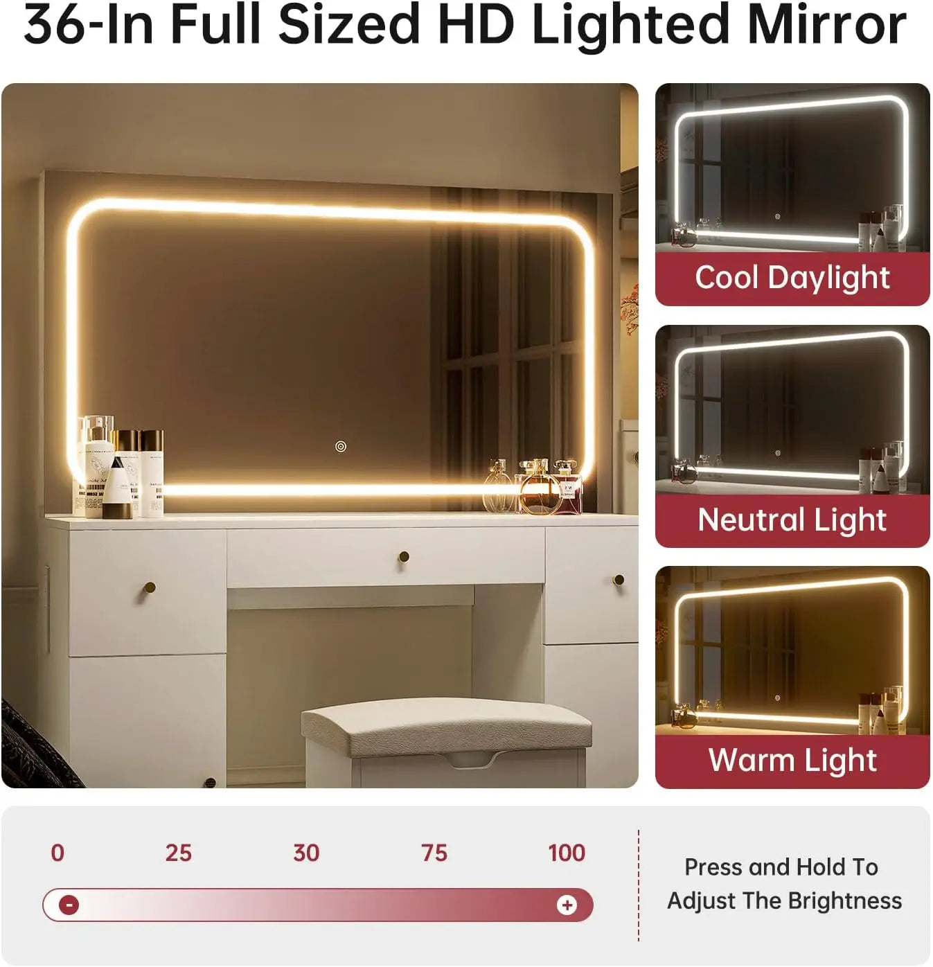 Makeup Vanity Desk with Large Mirror and LED Lights, 3 Lighting Modes and Power Outlet