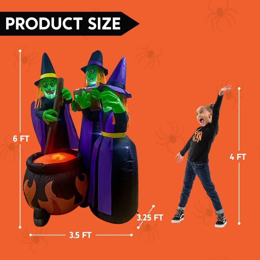 Three 6 FT Tall Halloween Inflatables Witch Around Cauldron with Flame Light - Eclectic Goods Galore