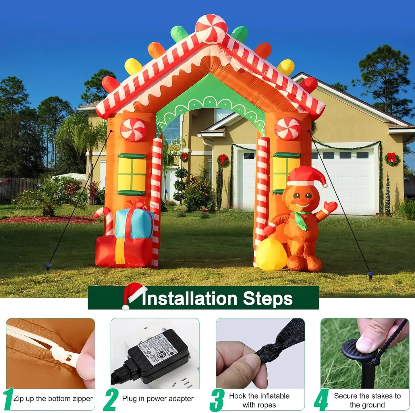 9 FT Christmas Inflatables, Gingerbread House Arch Blow Up Yard Decoration with Colorful Gifts