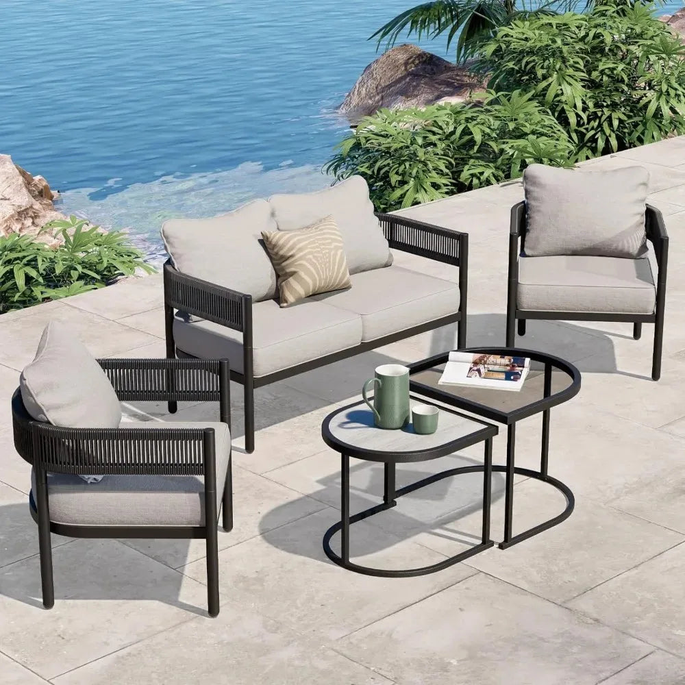 Grand Patio Wicker Outdoor Furniture Set with Beige Thick Cushions Patio Sofa Conversation Set for Backyard Balcony Garden - Eclectic Goods Galore