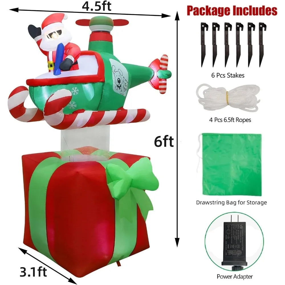 Christmas Inflatables Outdoor Decorations, 6FT Inflatable  Santa Claus with Helicopter on Gift Box