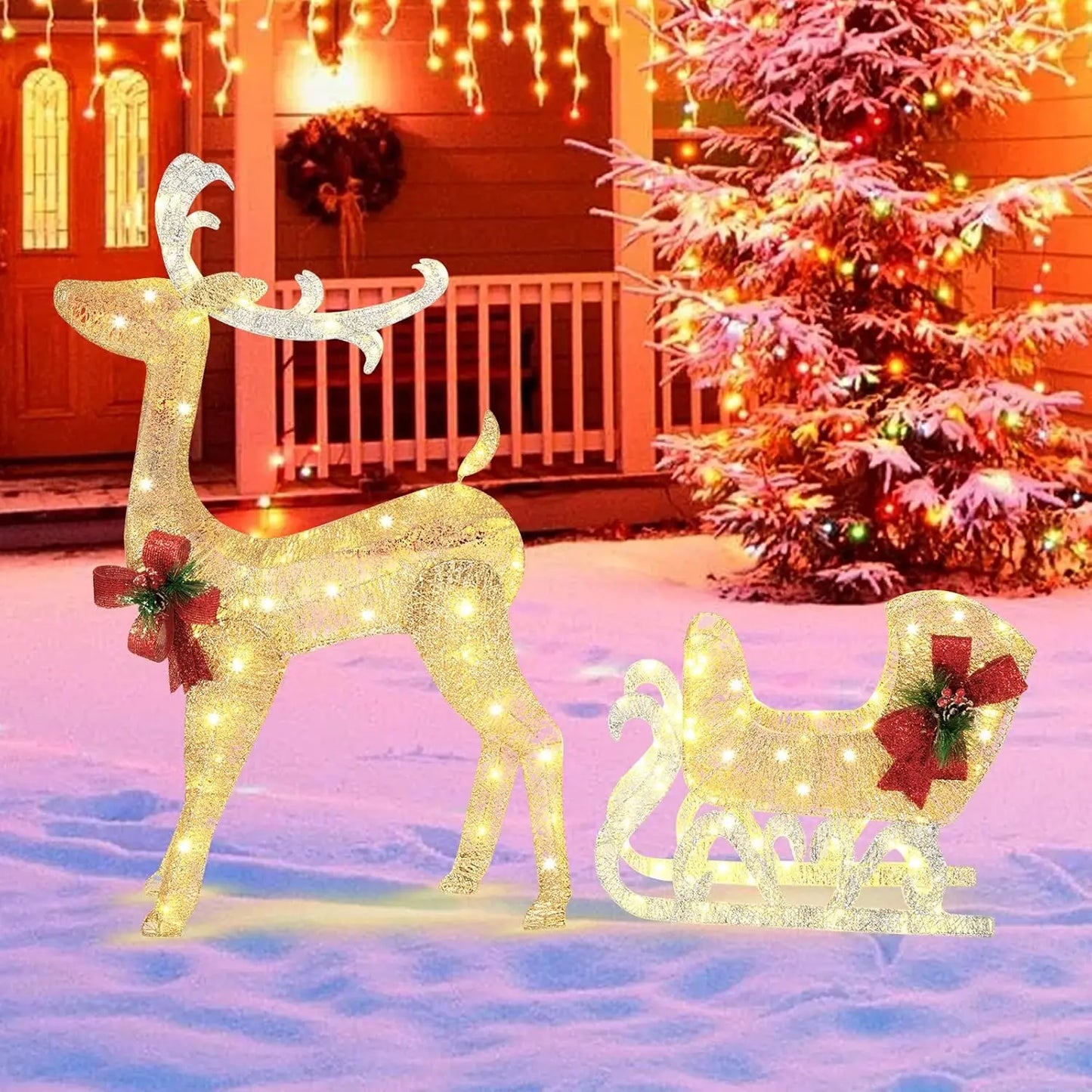 4.7 FT Lighted Christmas Reindeer & Sleigh, Xmas Lighted Outdoor Decoration with 100 Warm Lights