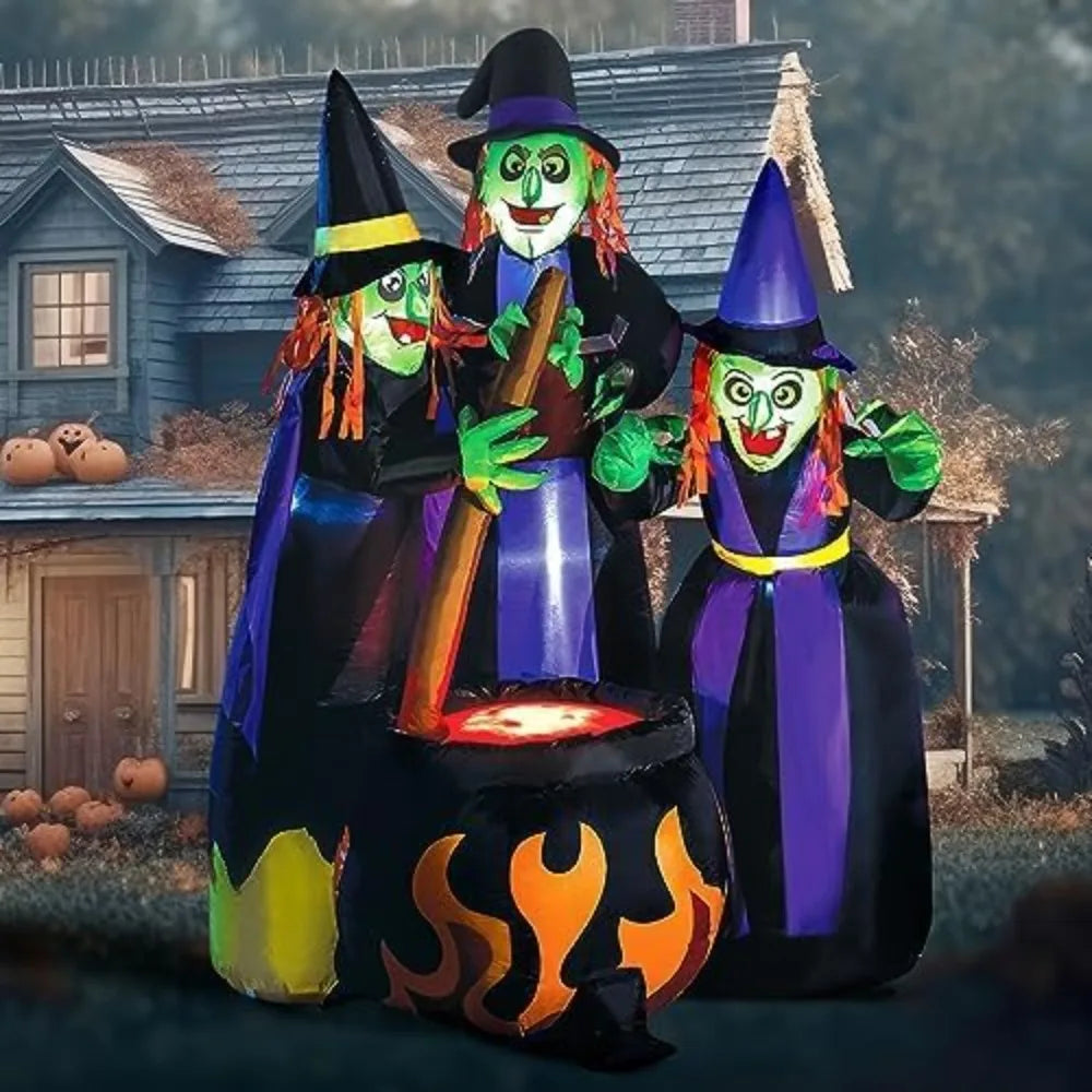 Three 6 FT Tall Halloween Inflatables Witch Around Cauldron with Flame Light - Eclectic Goods Galore