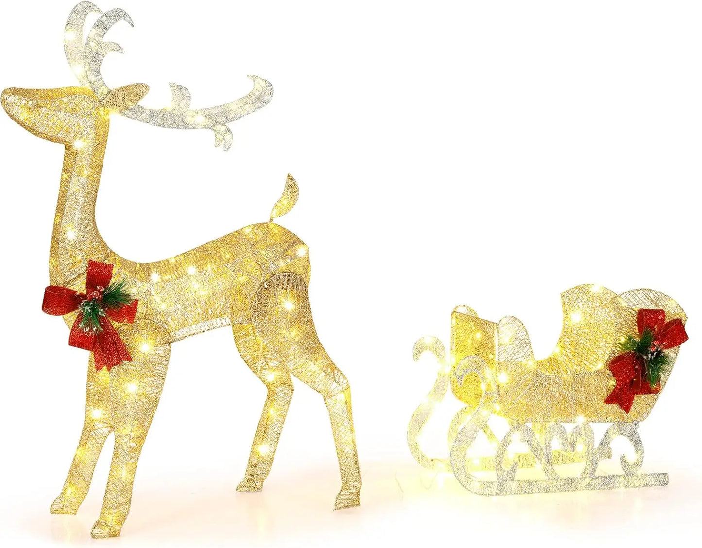 4.7 FT Lighted Christmas Reindeer & Sleigh, Xmas Lighted Outdoor Decoration with 100 Warm Lights