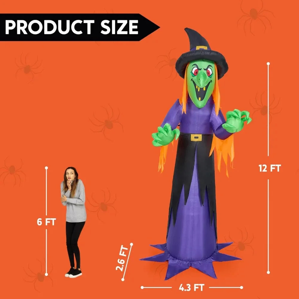 12 FT Giant Halloween Inflatable Witch with Built-in LED Lights, Blow Up Scary Witch for Outdoor Decoration, Halloween Yard - Eclectic Goods Galore