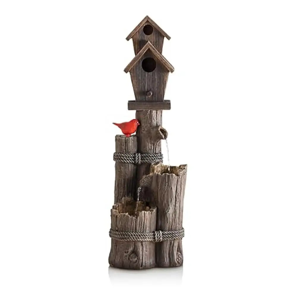 3-Tiered Log and Branch Waterfall Birdhouse Fountain Outdoor Garden Décor Serene Woodland Sound Rust-Resistant Polyresin 35"