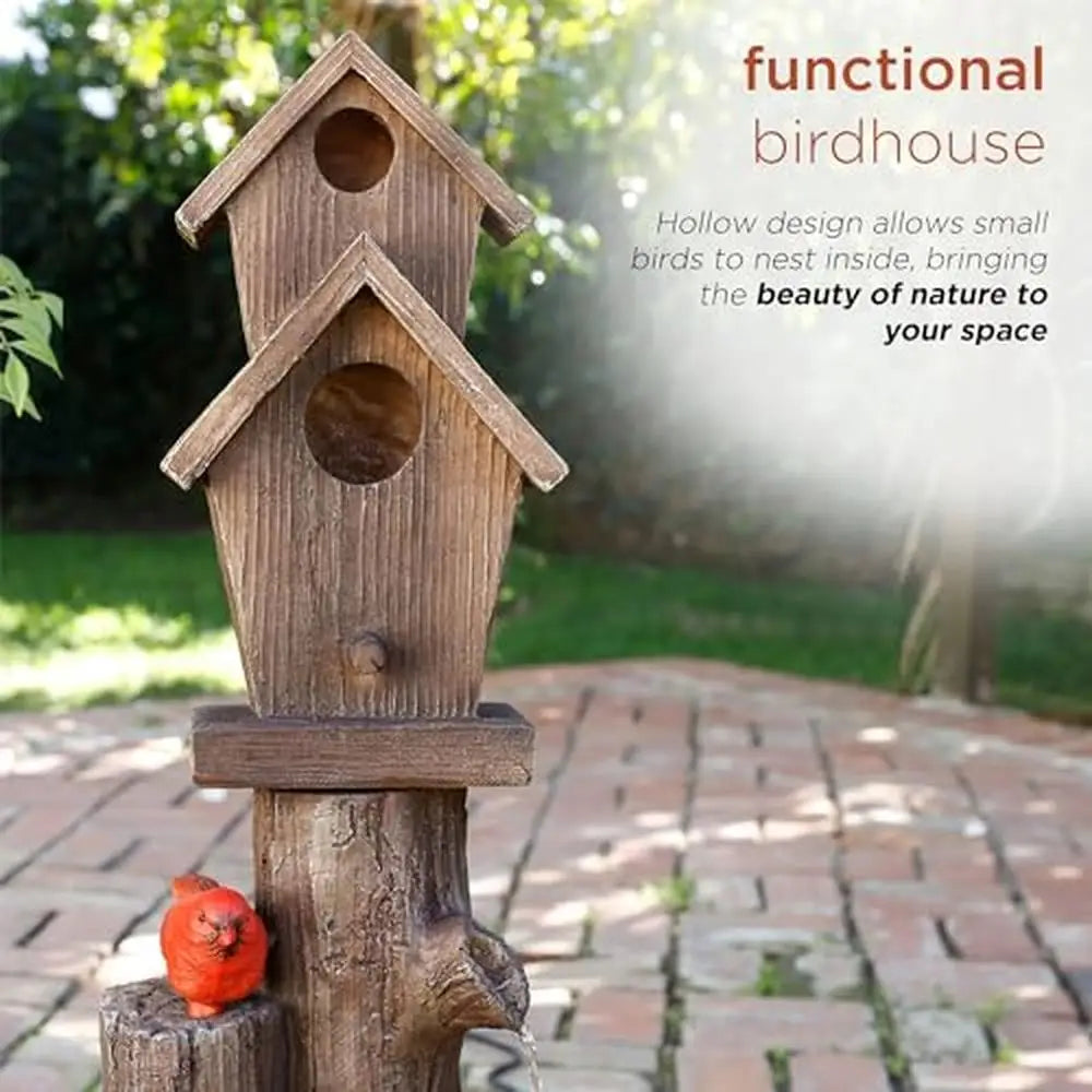 3-Tiered Log and Branch Waterfall Birdhouse Fountain Outdoor Garden Décor Serene Woodland Sound Rust-Resistant Polyresin 35"