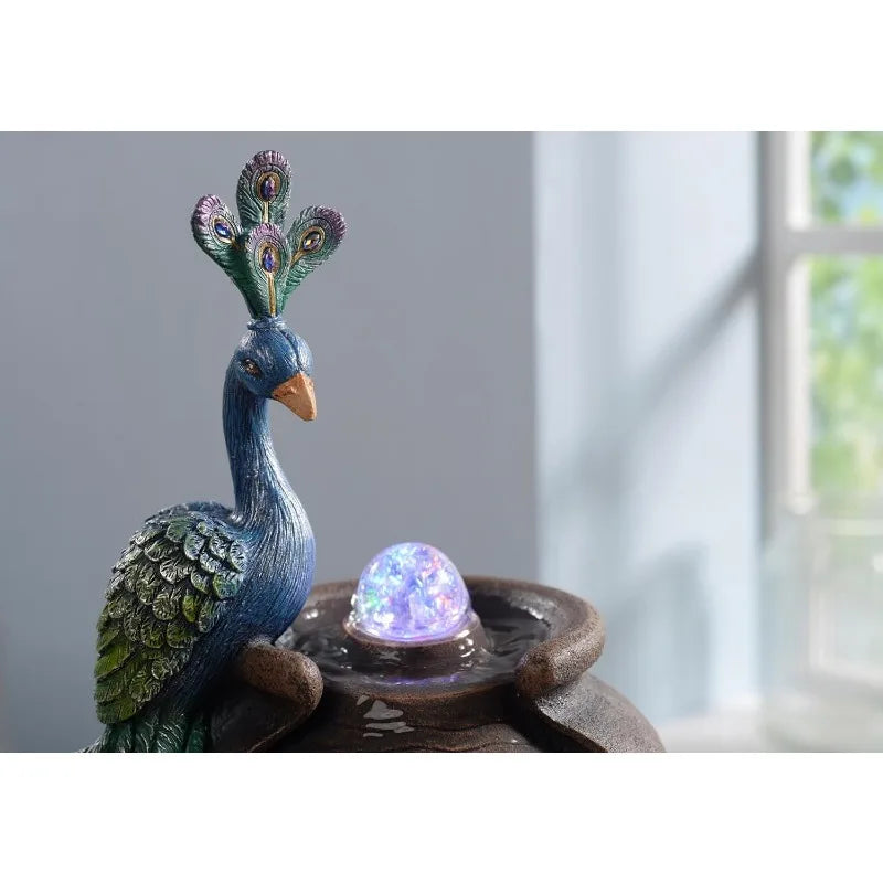 Tabletop Fountain Retro Jar Peacock with Glass Rotating Ball Desk Fountain with Reflective Colorful Lighting Home Decor