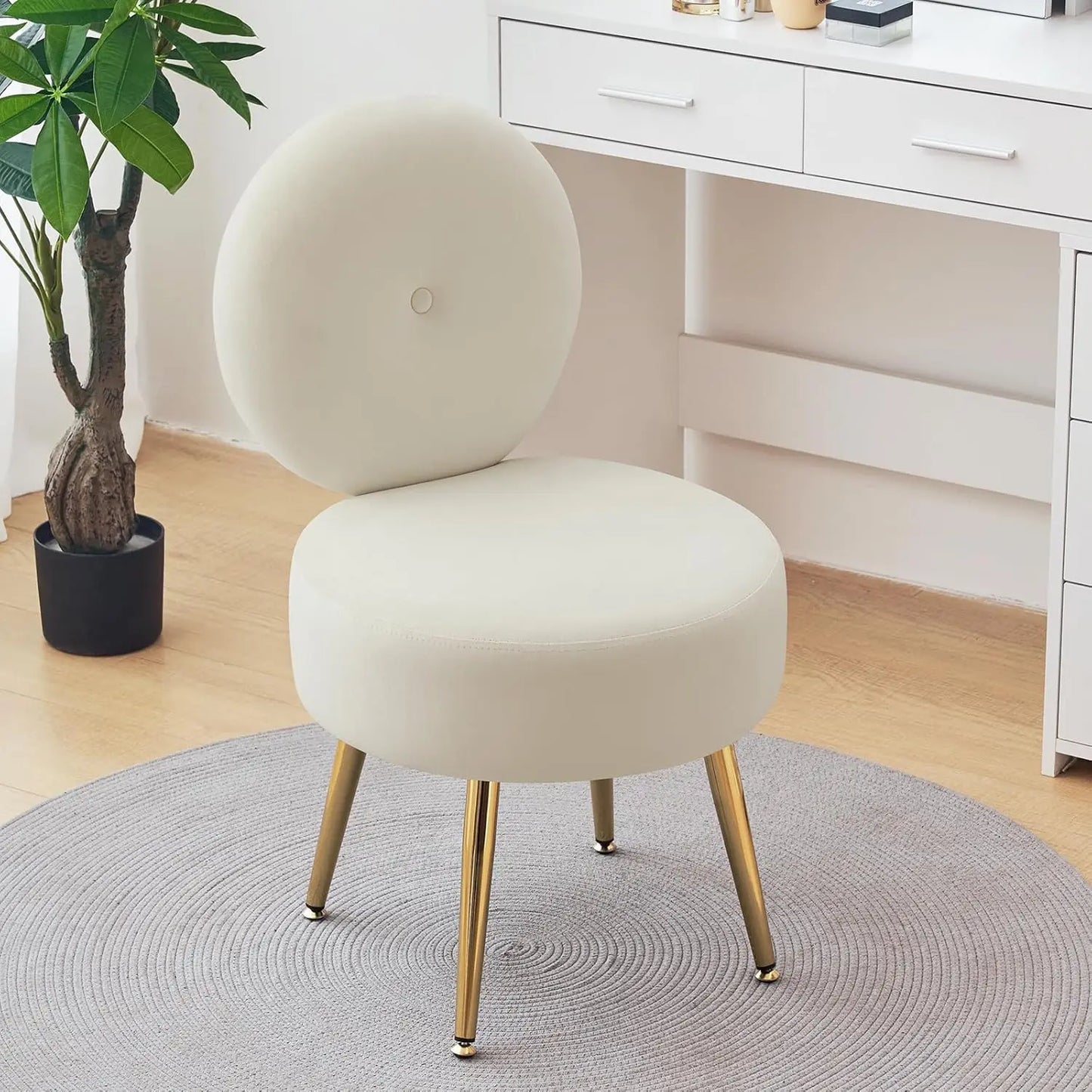 Velvet Vanity Stool with Back, Living Room Chair with Solid Metal Legs