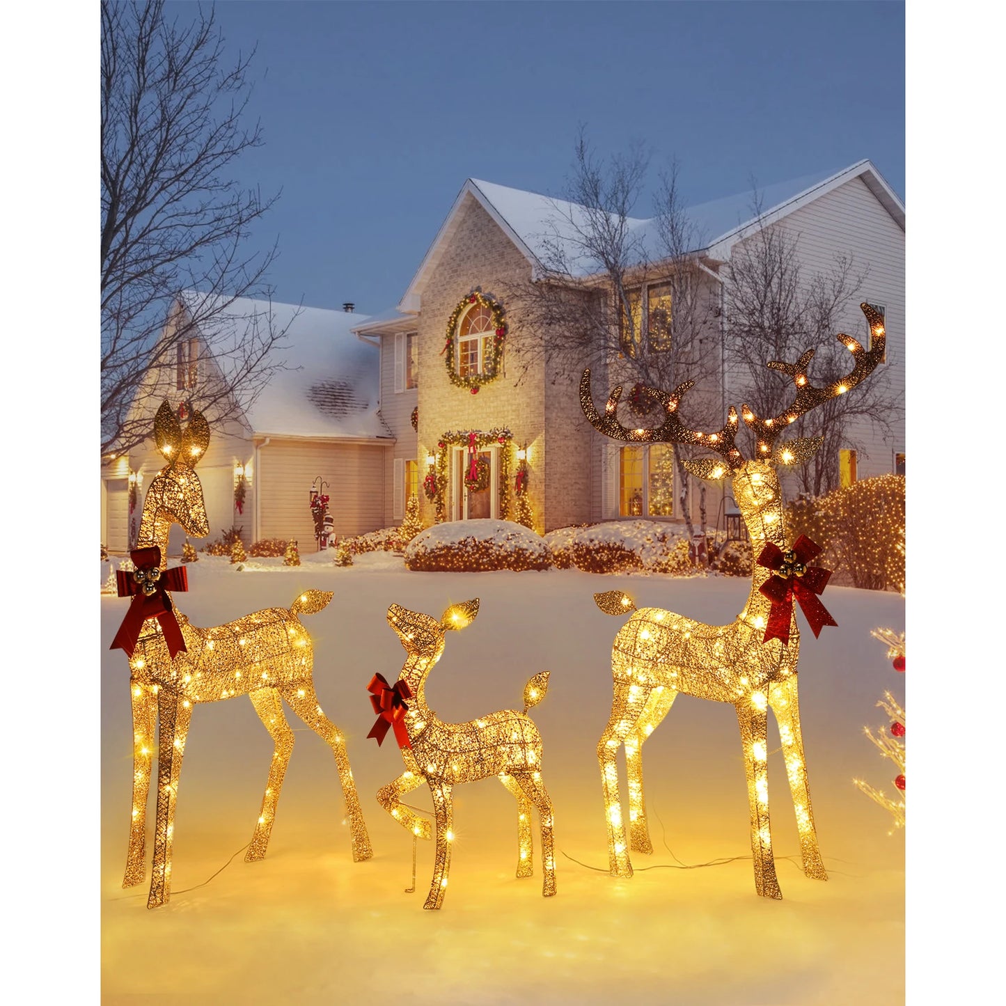 Indoor Outdoor Large Lighted Christmas Deer Family Set Front Yard Porch Holiday Decoration with 160/210 Warm White LED Lights