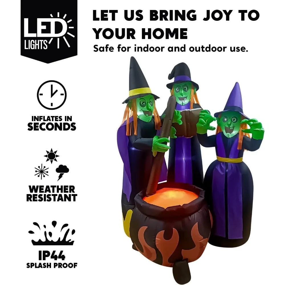 Three 6 FT Tall Halloween Inflatables Witch Around Cauldron with Flame Light - Eclectic Goods Galore