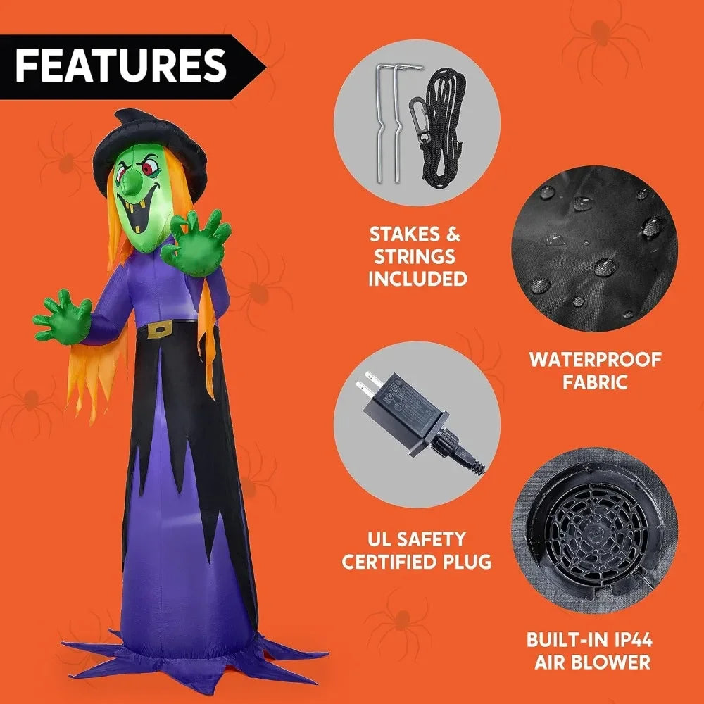 12 FT Giant Halloween Inflatable Witch with Built-in LED Lights, Blow Up Scary Witch for Outdoor Decoration, Halloween Yard - Eclectic Goods Galore