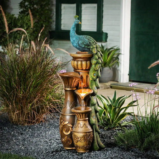 2024 New Outdoor Water Fountains, Resin Pedestal Garden Water Fountain Outdoor with LED Light