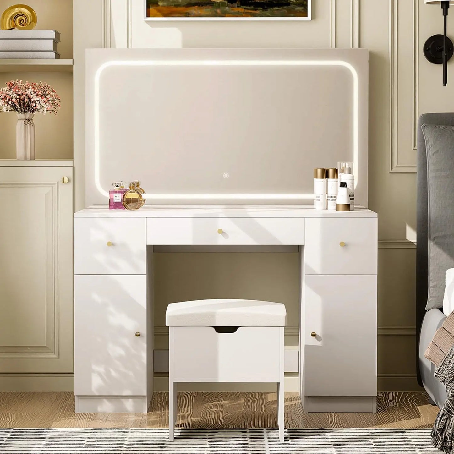 Makeup Vanity Desk with Large Mirror and LED Lights, 3 Lighting Modes and Power Outlet