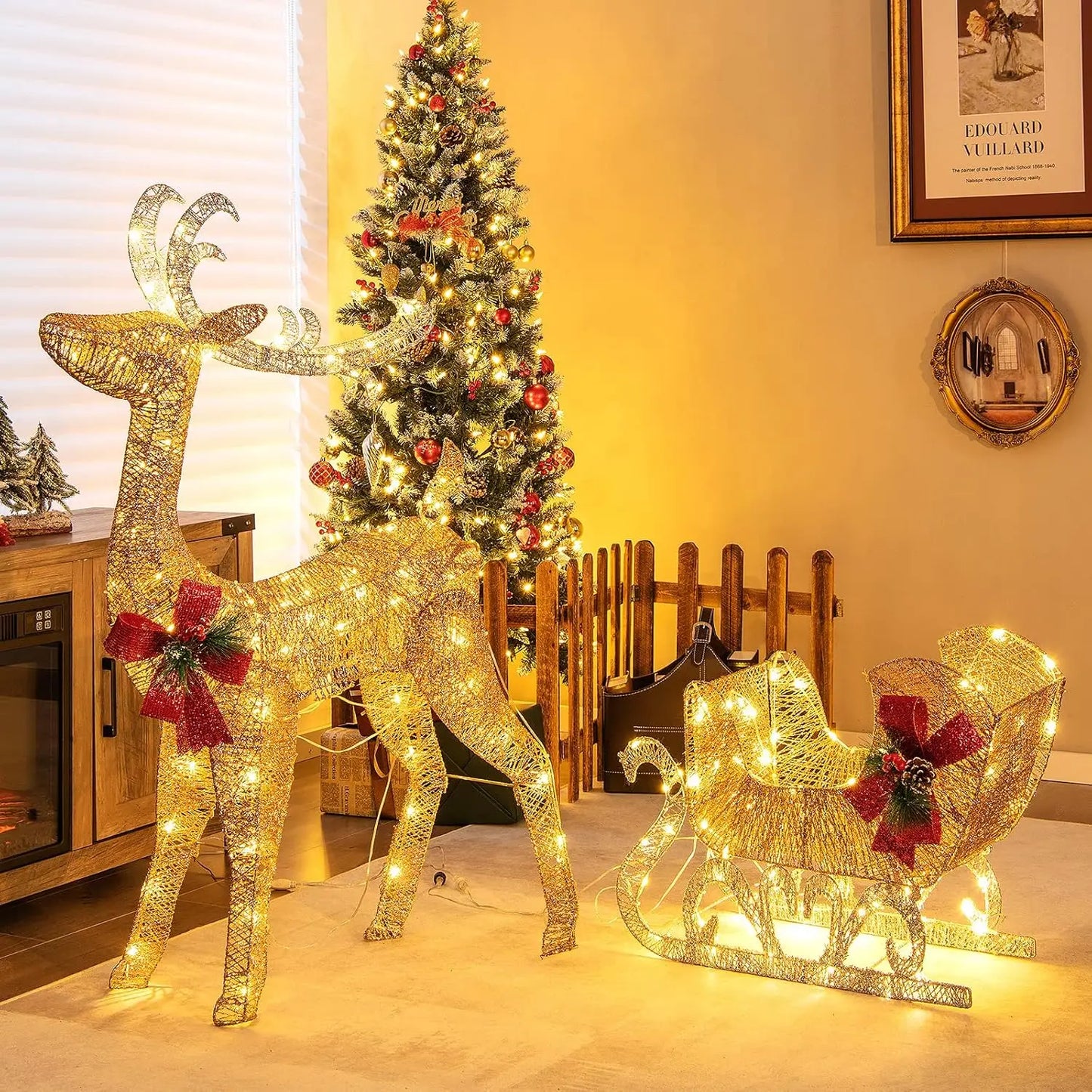 4.7 FT Lighted Christmas Reindeer & Sleigh, Xmas Lighted Outdoor Decoration with 100 Warm Lights