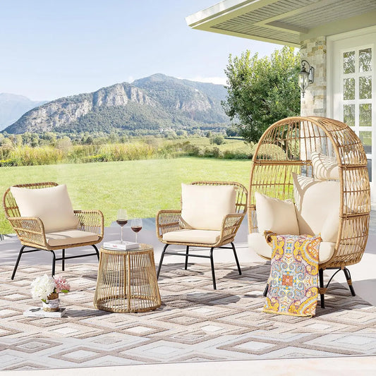 4 Piece Boho Patio Set with Large Egg Chair and Round Tempered Glass Table - Eclectic Goods Galore