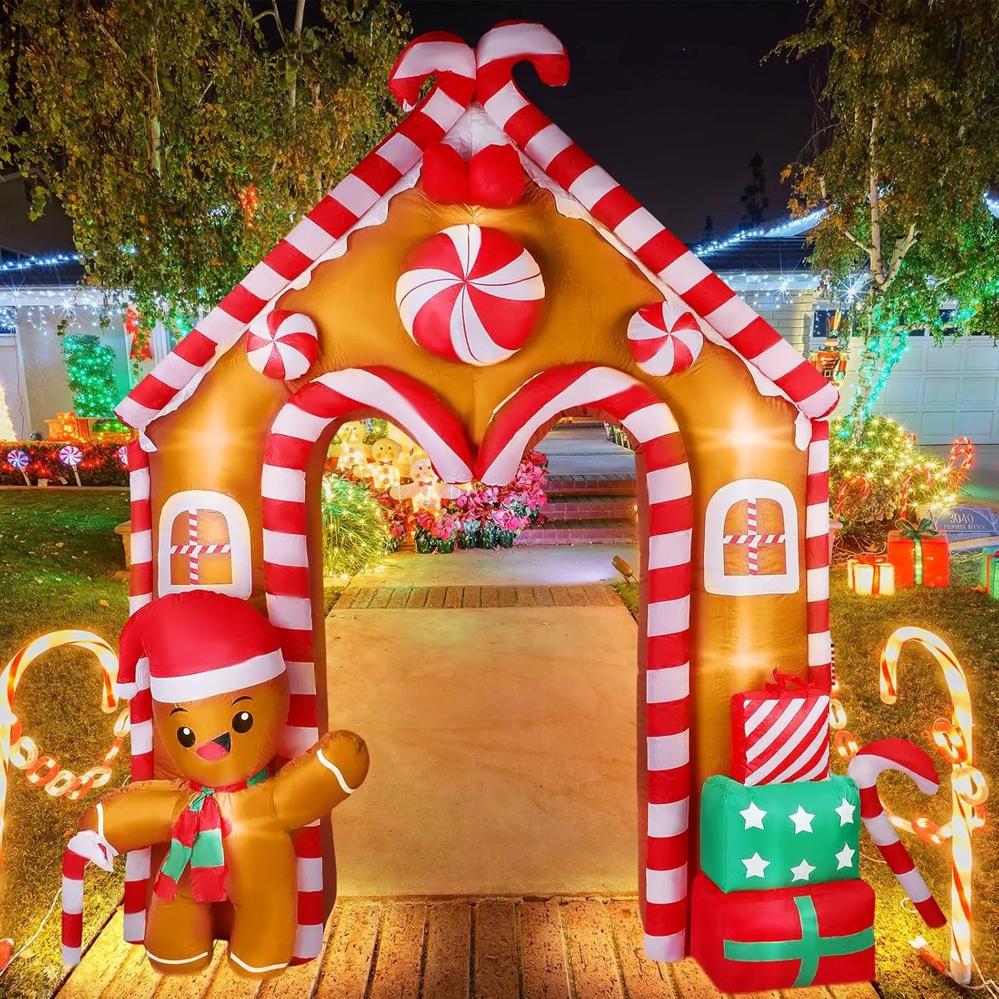 10 ft Christmas Inflatable Gingerbread House Archway Gingerbread Man Cookie House and Candy Cane Decor with LED Lights