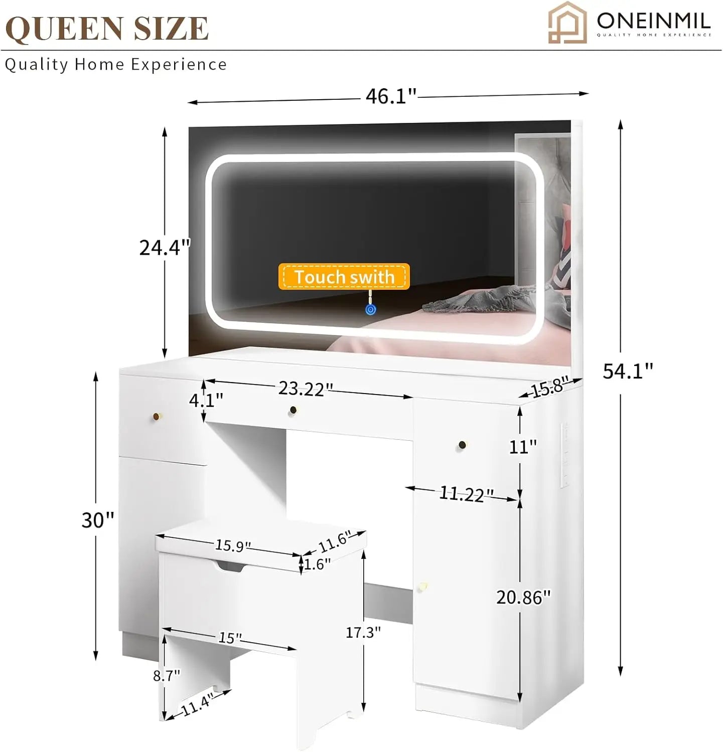 Makeup Vanity Desk with Large Mirror and LED Lights, 3 Lighting Modes and Power Outlet