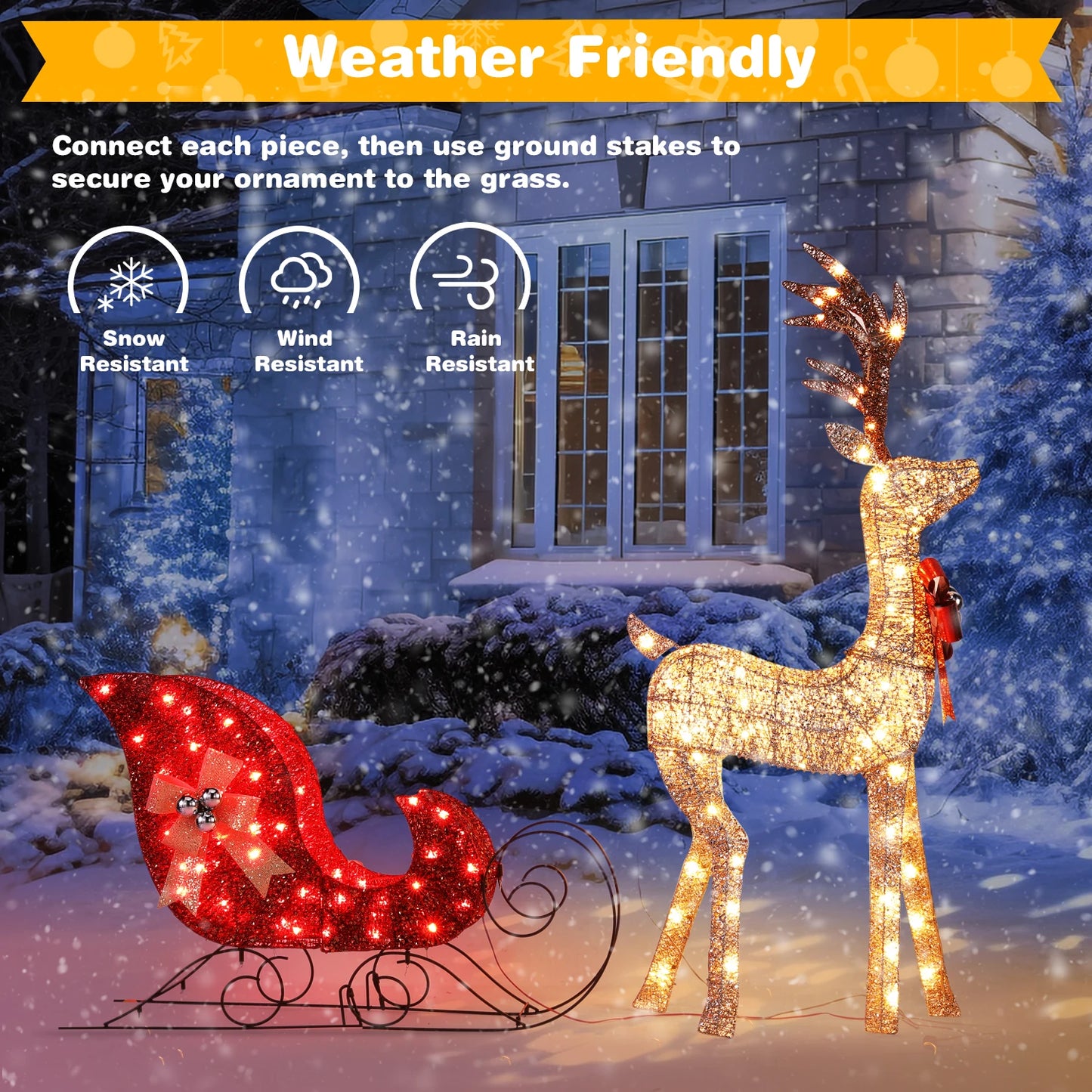 Indoor Outdoor Large Lighted Christmas Deer Family Set Front Yard Porch Holiday Decoration with 160/210 Warm White LED Lights