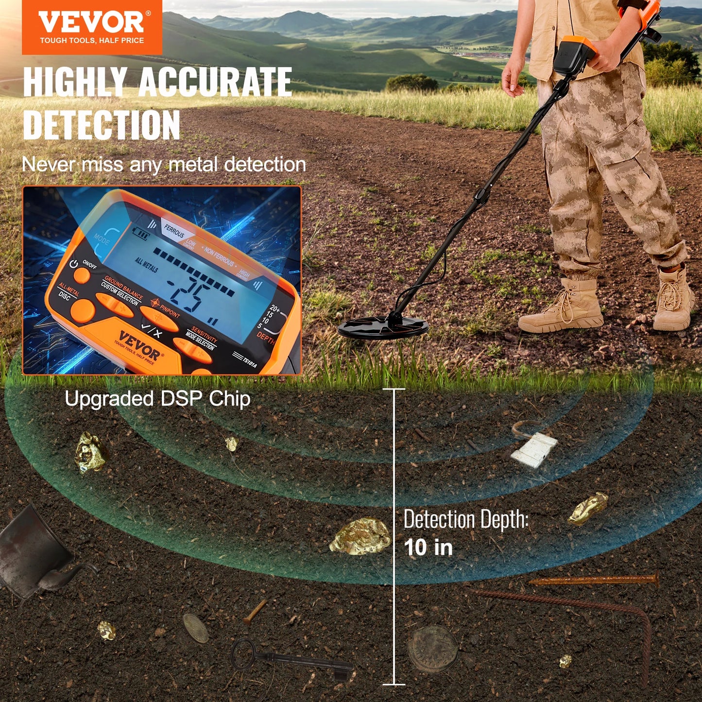 VEVOR Metal Detector for Adults & Kids with LCD Display 7 Modes DSP Chip Higher Accuracy Gold Detector 10'' Detection Depth