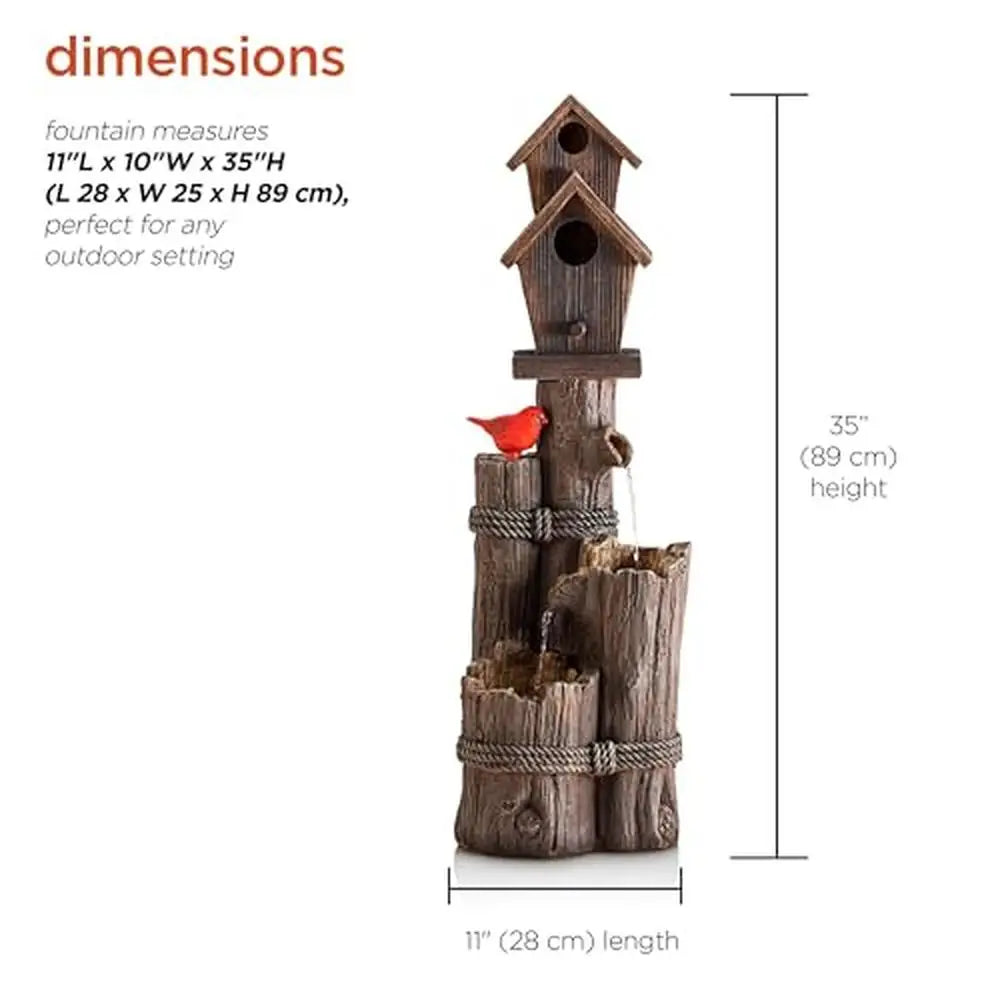 3-Tiered Log and Branch Waterfall Birdhouse Fountain Outdoor Garden Décor Serene Woodland Sound Rust-Resistant Polyresin 35"