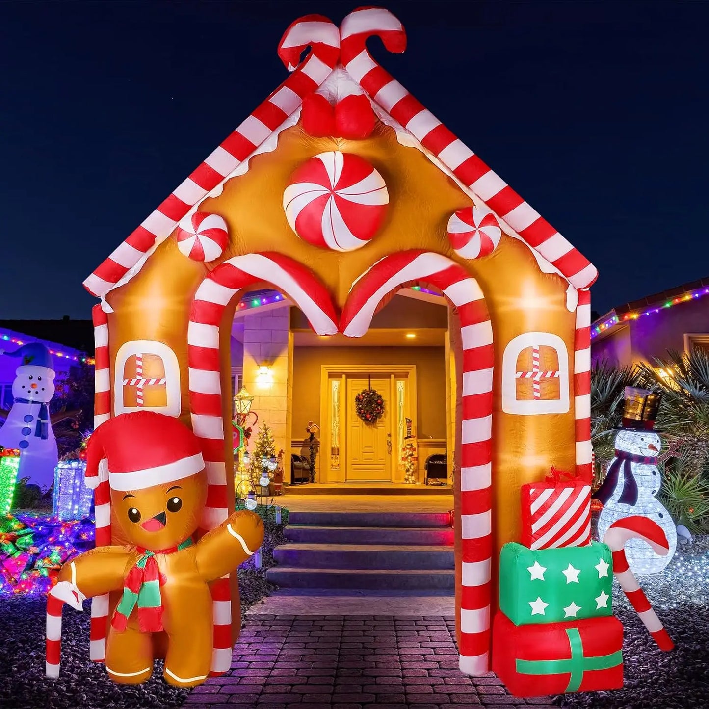 10 ft Christmas Inflatable Gingerbread House Archway Gingerbread Man Cookie House and Candy Cane Decor with LED Lights