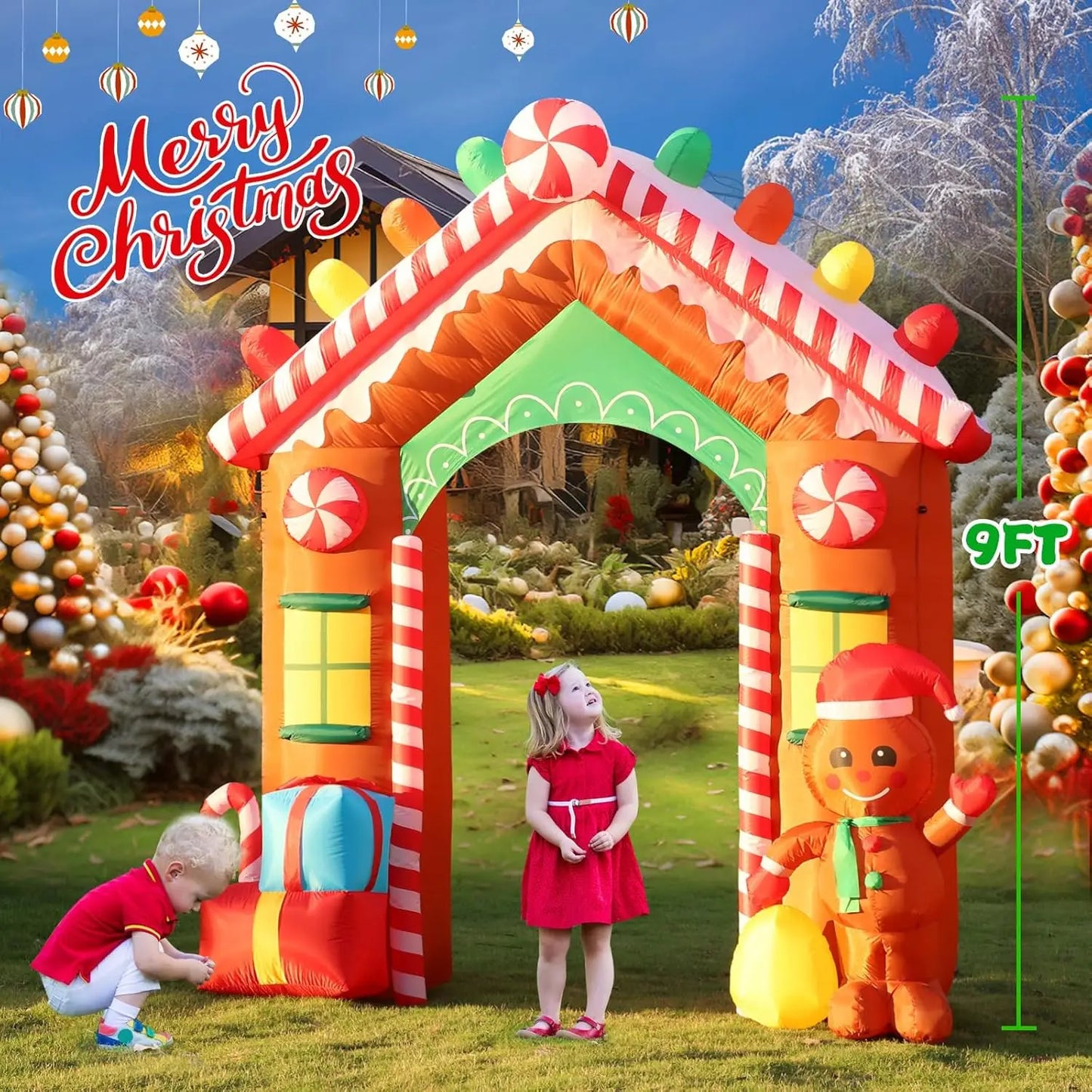 9 FT Christmas Inflatables, Gingerbread House Arch Blow Up Yard Decoration with Colorful Gifts