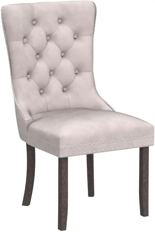 Tufted Dining Chairs Set of 6, Velvet Upholstered Dining Chairs with Nailhead Back and Ring Pull Trim, Solid Wood Dining Chairs