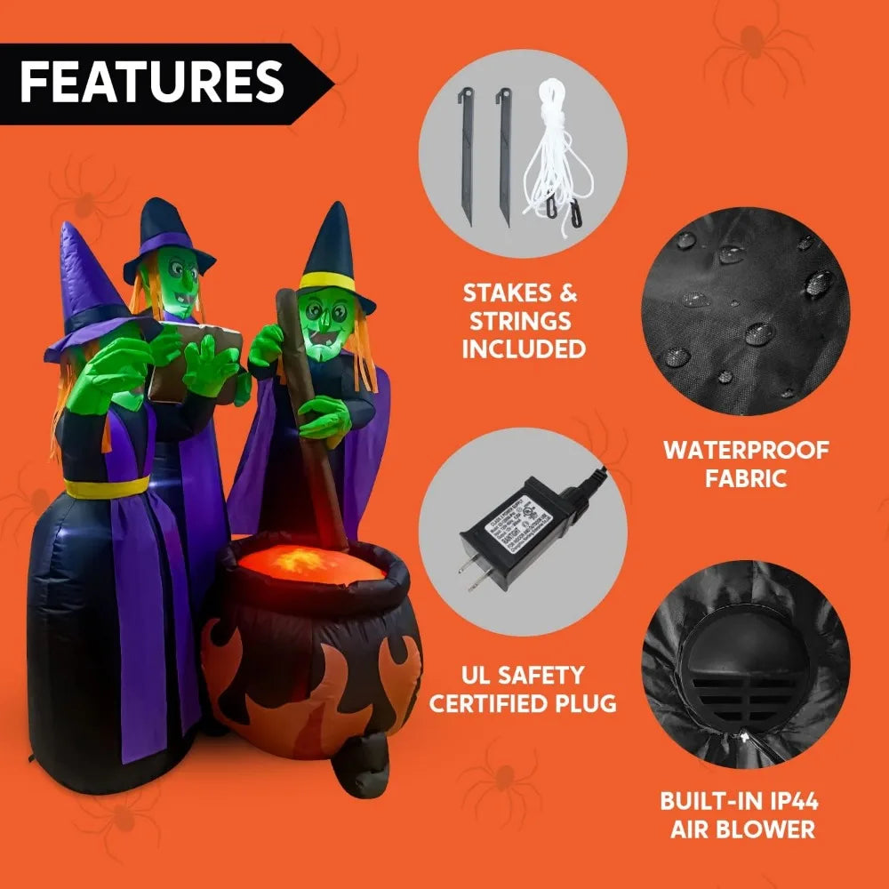 Three 6 FT Tall Halloween Inflatables Witch Around Cauldron with Flame Light - Eclectic Goods Galore