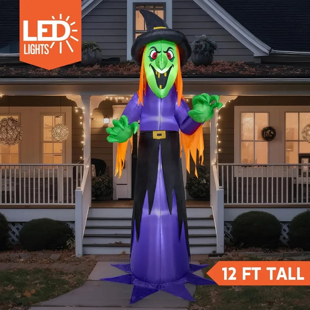 12 FT Giant Halloween Inflatable Witch with Built-in LED Lights, Blow Up Scary Witch for Outdoor Decoration, Halloween Yard - Eclectic Goods Galore