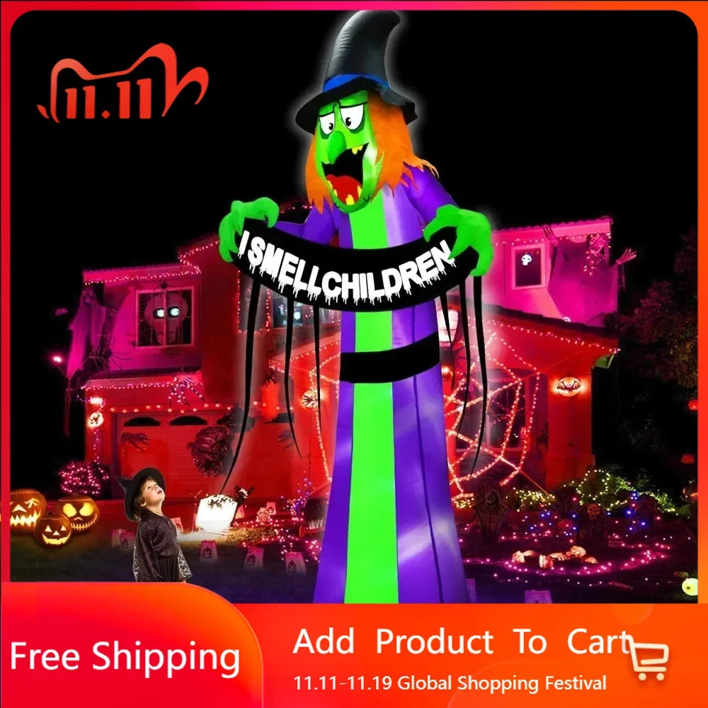 8 Ft Giant Halloween Inflatables Witch Outdoor Decorations, Scary Witch Holds I Smell Children Banner LED Lights Blow Up