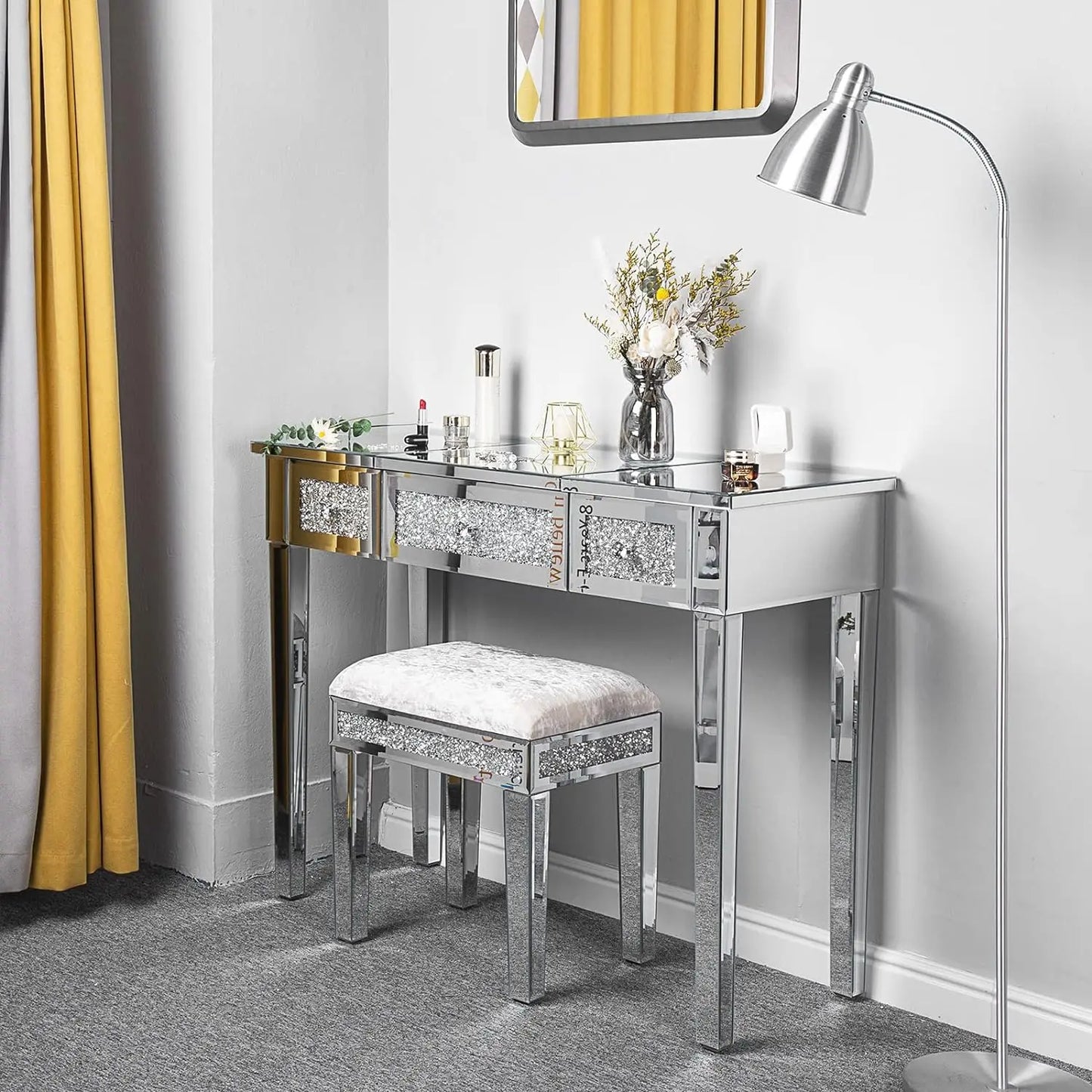 Comfort Corner Mirrored Vanity Stool with Storage