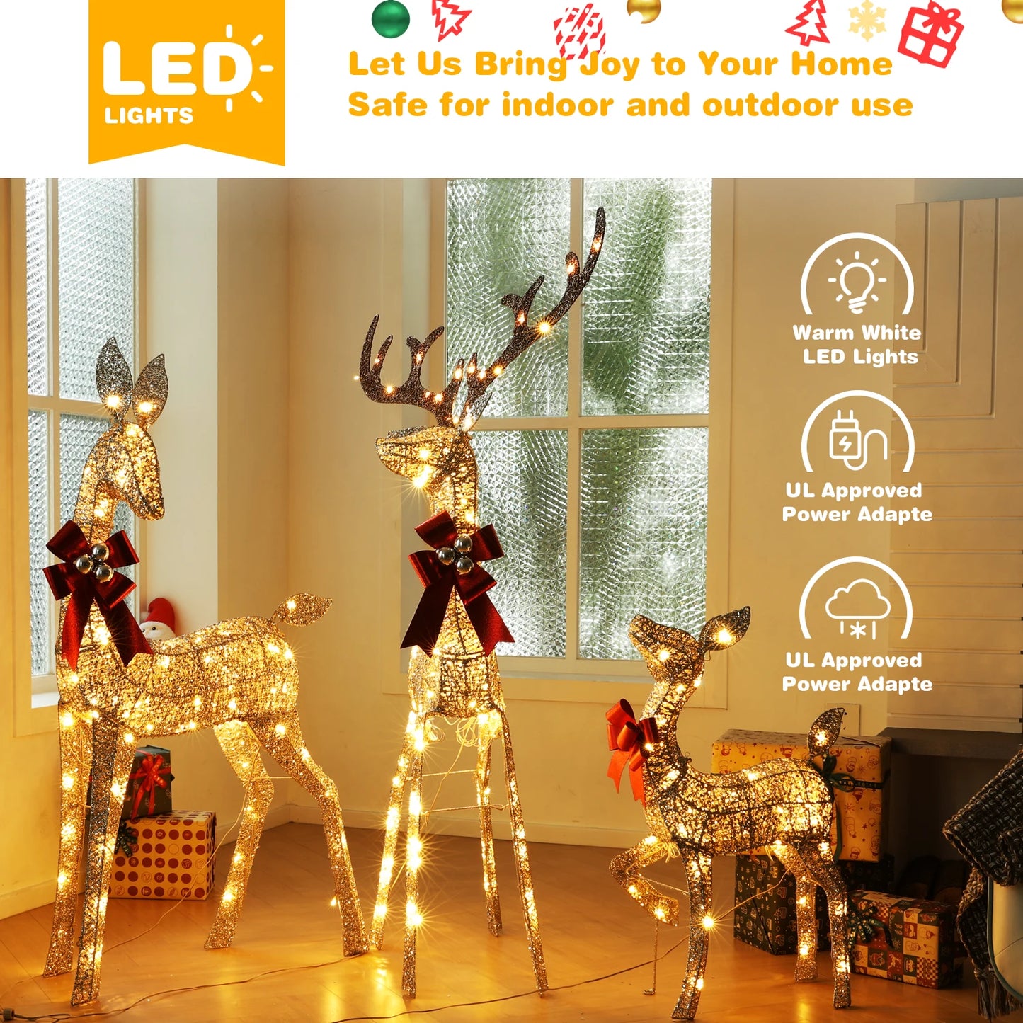 Indoor Outdoor Large Lighted Christmas Deer Family Set Front Yard Porch Holiday Decoration with 160/210 Warm White LED Lights