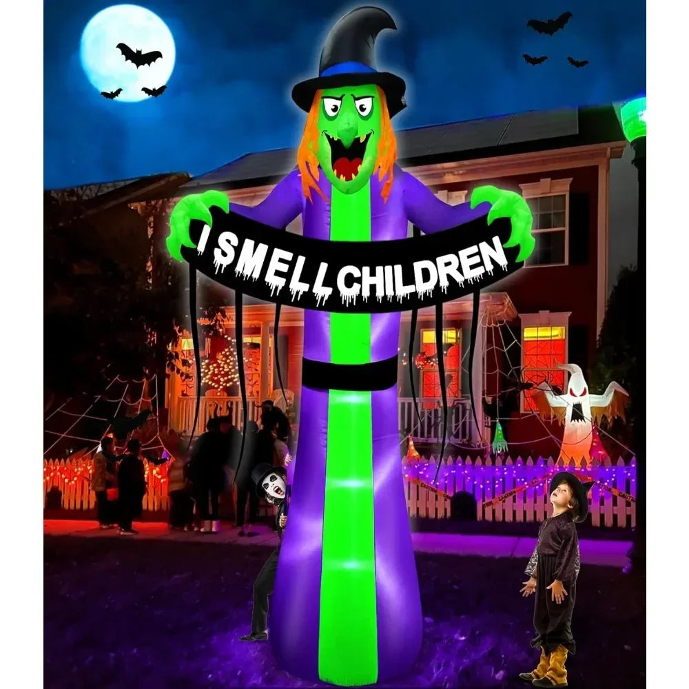 8 Ft Giant Halloween Inflatables Witch Outdoor Decorations, Scary Witch Holds I Smell Children Banner LED Lights Blow Up