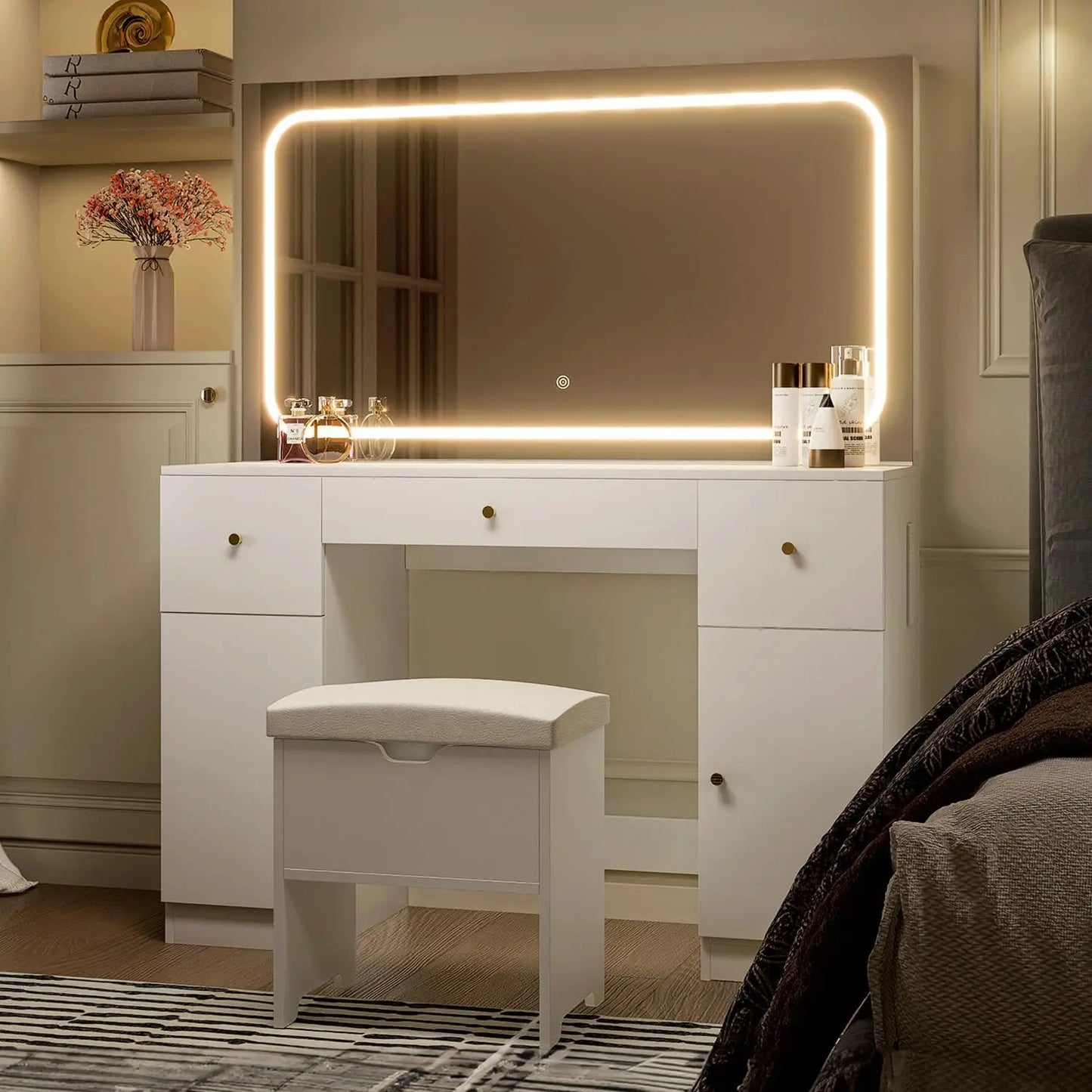 Makeup Vanity Desk with Large Mirror and LED Lights, 3 Lighting Modes and Power Outlet